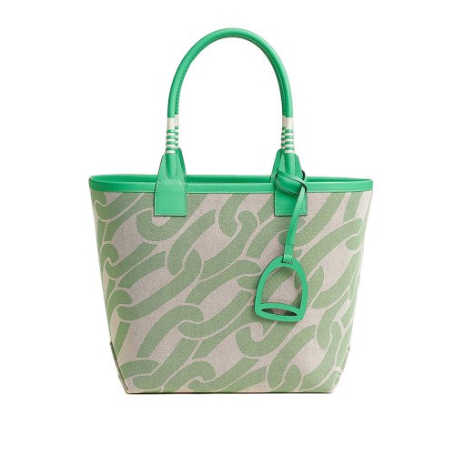 【新品包包】HERMES/爱马仕24新款 女士绿白交替帆布配皮马镫形手提包H084532CKAA