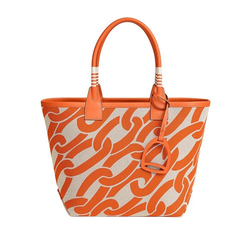 【新品包包】HERMES/爱马仕24新款 女士橙白交替帆布配皮马镫形手提包H084532CKAB