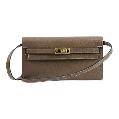 【新品包包】HERMES|爱马仕 kelly To Go Mysore山羊皮 金扣手拿单肩斜挎钱包 女款 18 Etoupe 大象灰